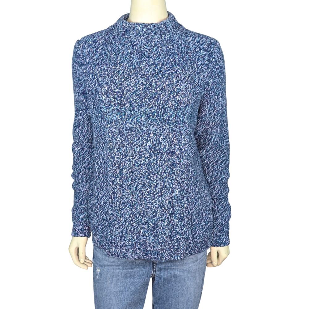Lands’ End Womens Cable Knit Sweater L Mock Neck Marled Preppy Coastal Cozy Blue